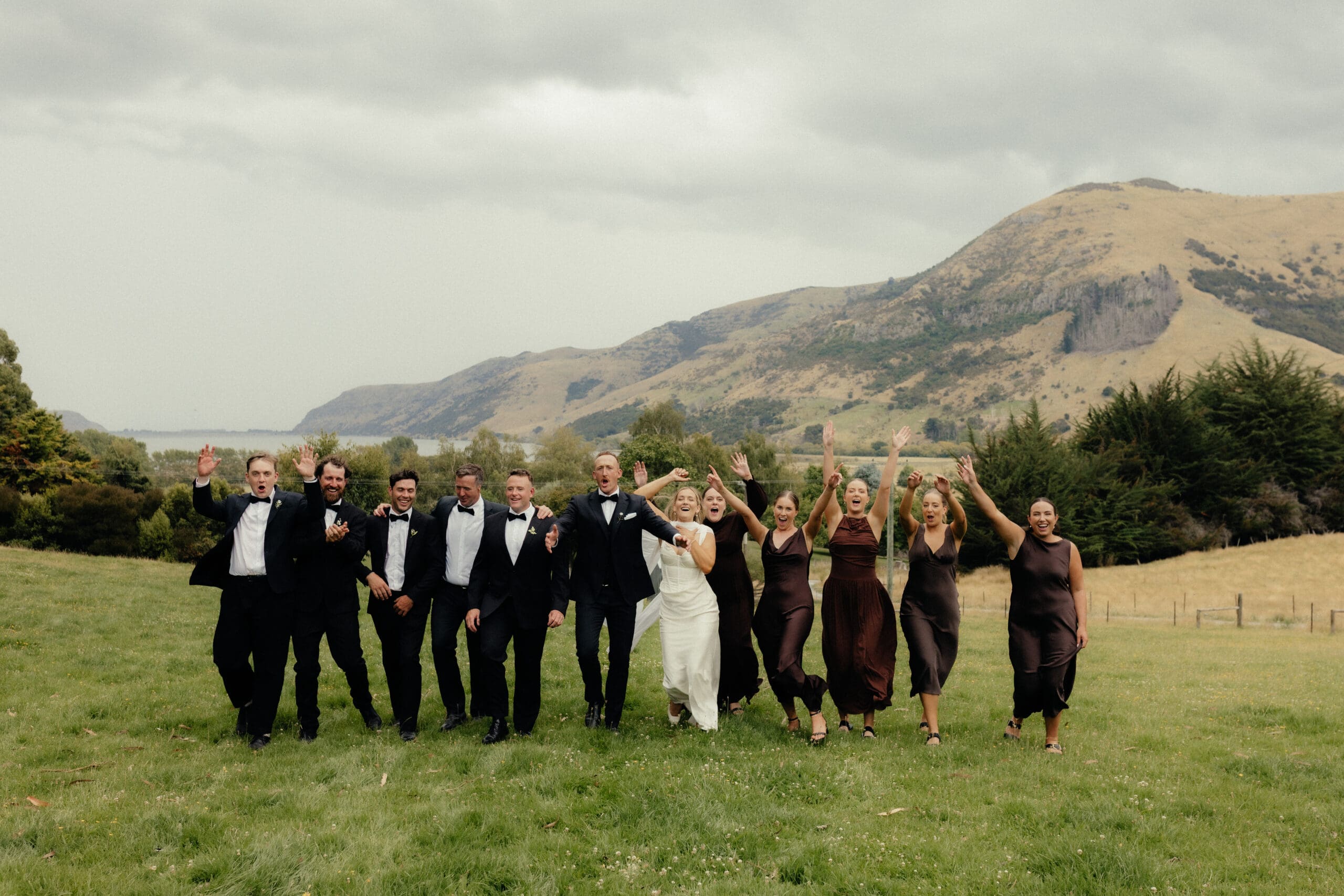 Fun group shot, captured in the mountains of Christchurch wedding photography 
